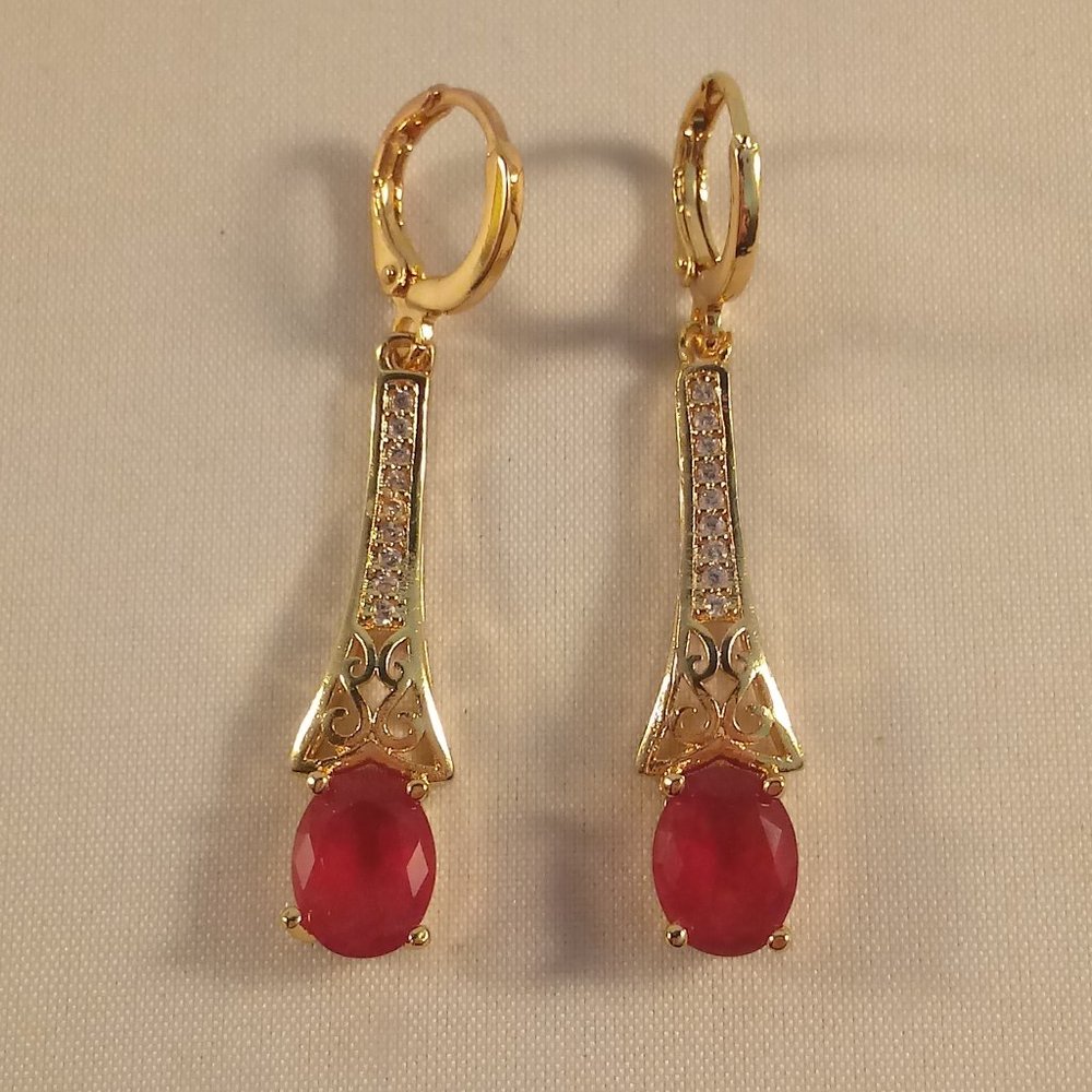 18K Yellow Gold Filled Ruby Red Diamond Zircon Swirl Dangle Earrings 1.86ctw ea